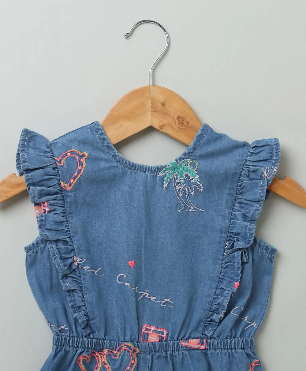 Cotton Denim Playsuit with Palm Tree and Neon Heart Embroidery