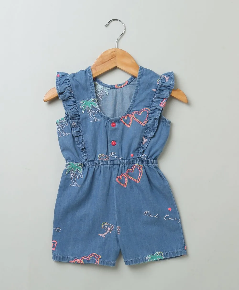 Cotton Denim Playsuit with Palm Tree and Neon Heart Embroidery