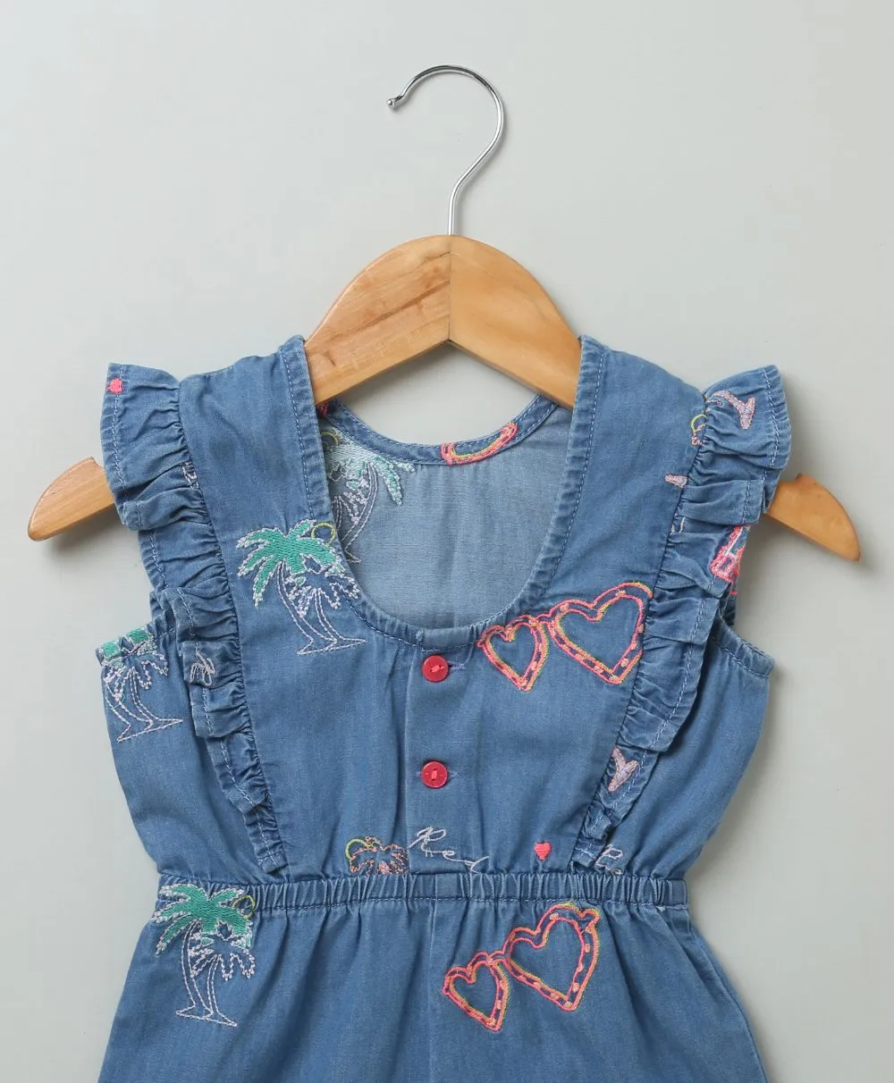 Cotton Denim Playsuit with Palm Tree and Neon Heart Embroidery