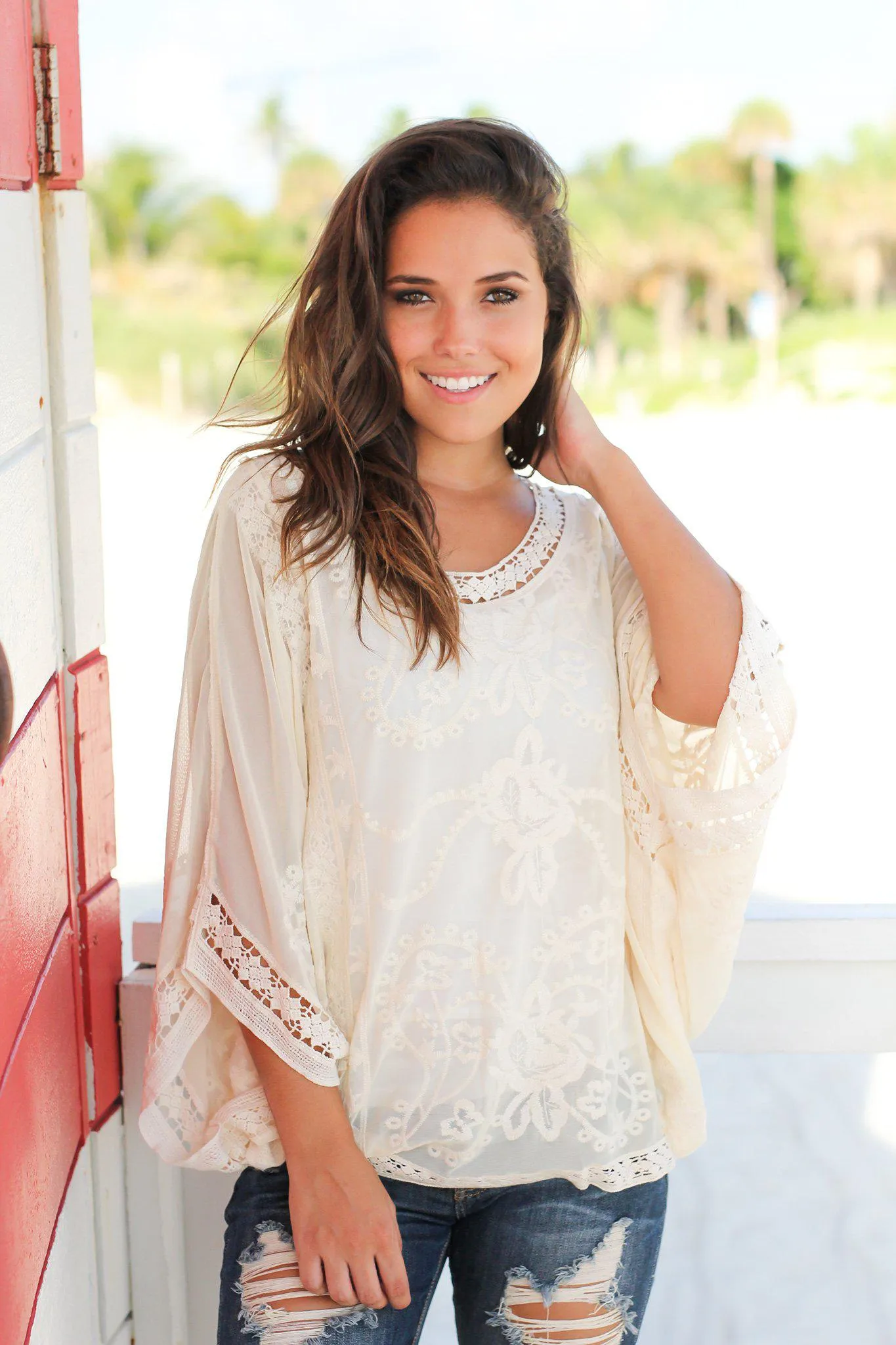 Cream Embroidered Poncho