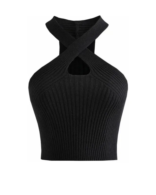 Cross Cutout Off-Shoulder Halterneck Knitted Vest