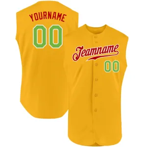 Custom Gold Neon Green-Red Authentic Sleeveless Baseball Jersey