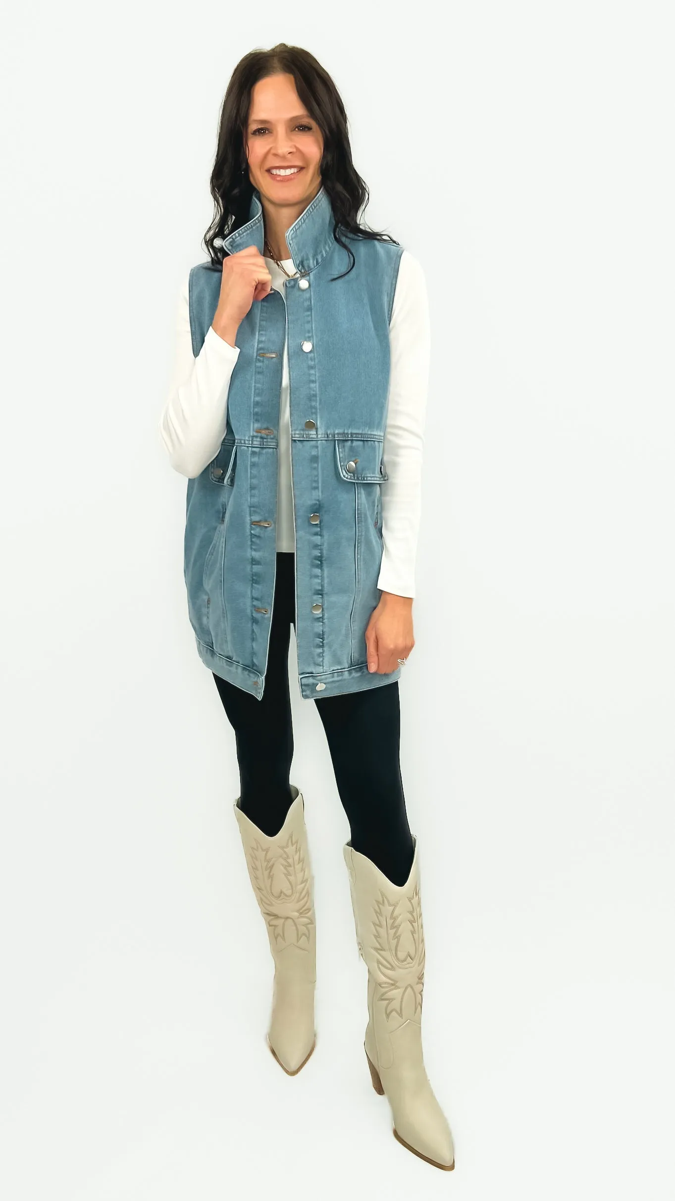 Danette Oversized Denim Cargo Vest- Light Blue