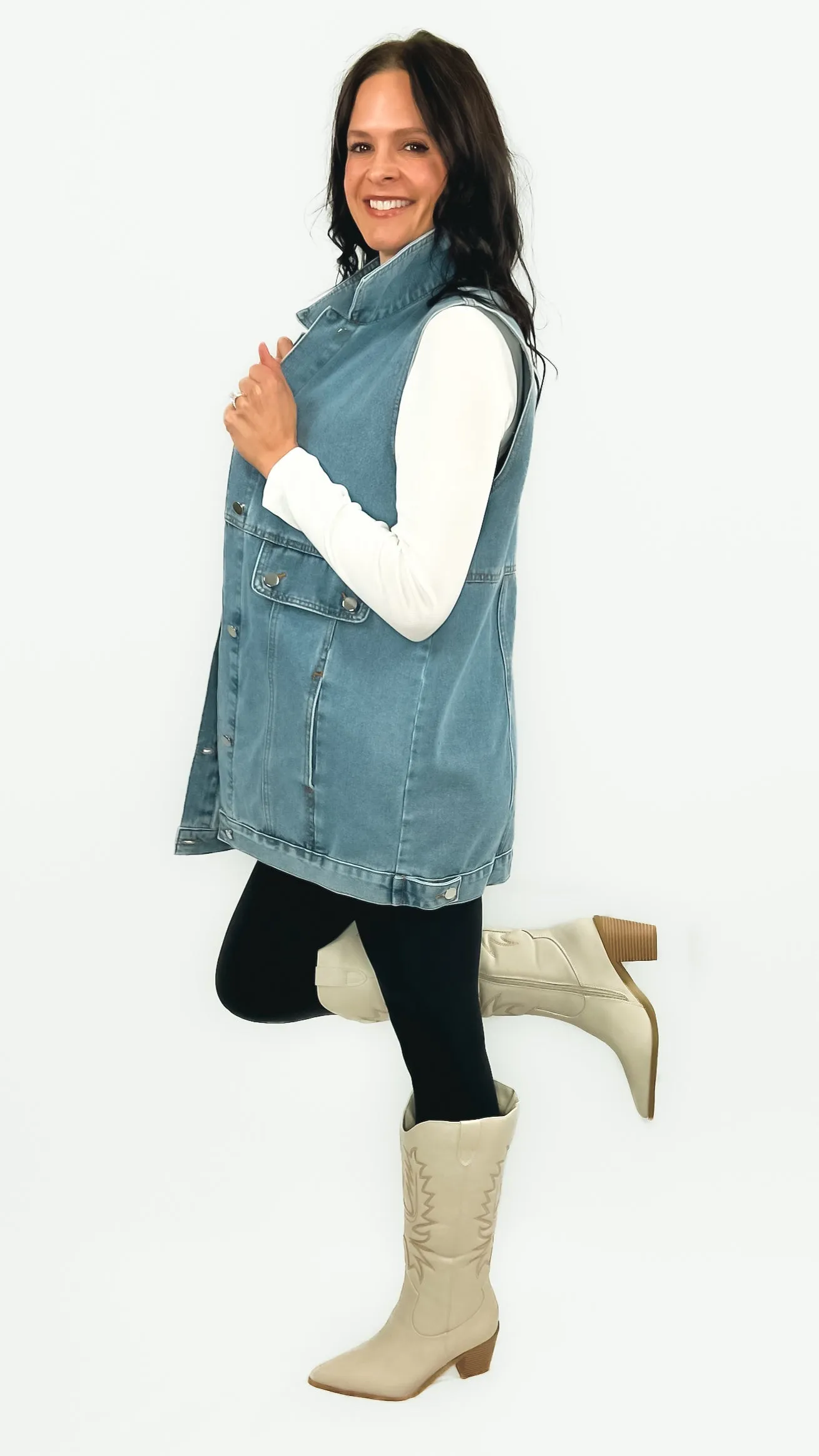 Danette Oversized Denim Cargo Vest- Light Blue