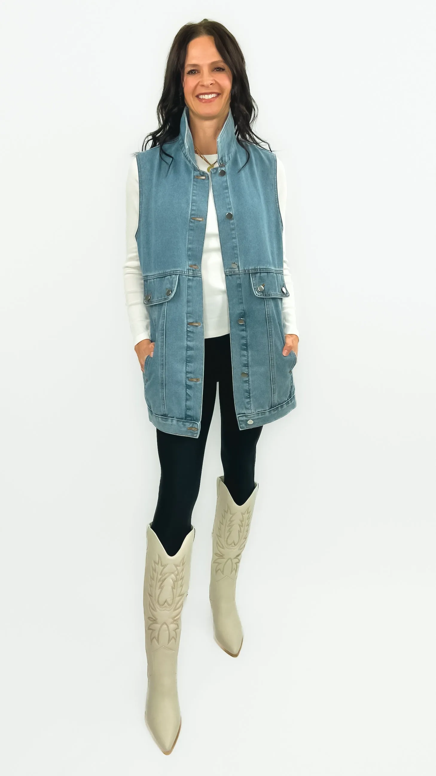 Danette Oversized Denim Cargo Vest- Light Blue