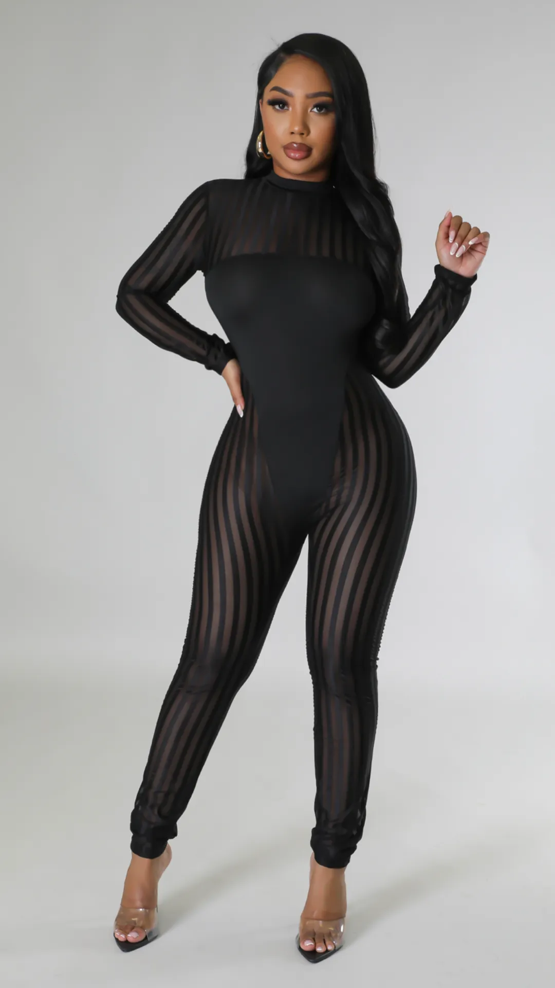 Danica Black sheer stripped jumpsuit