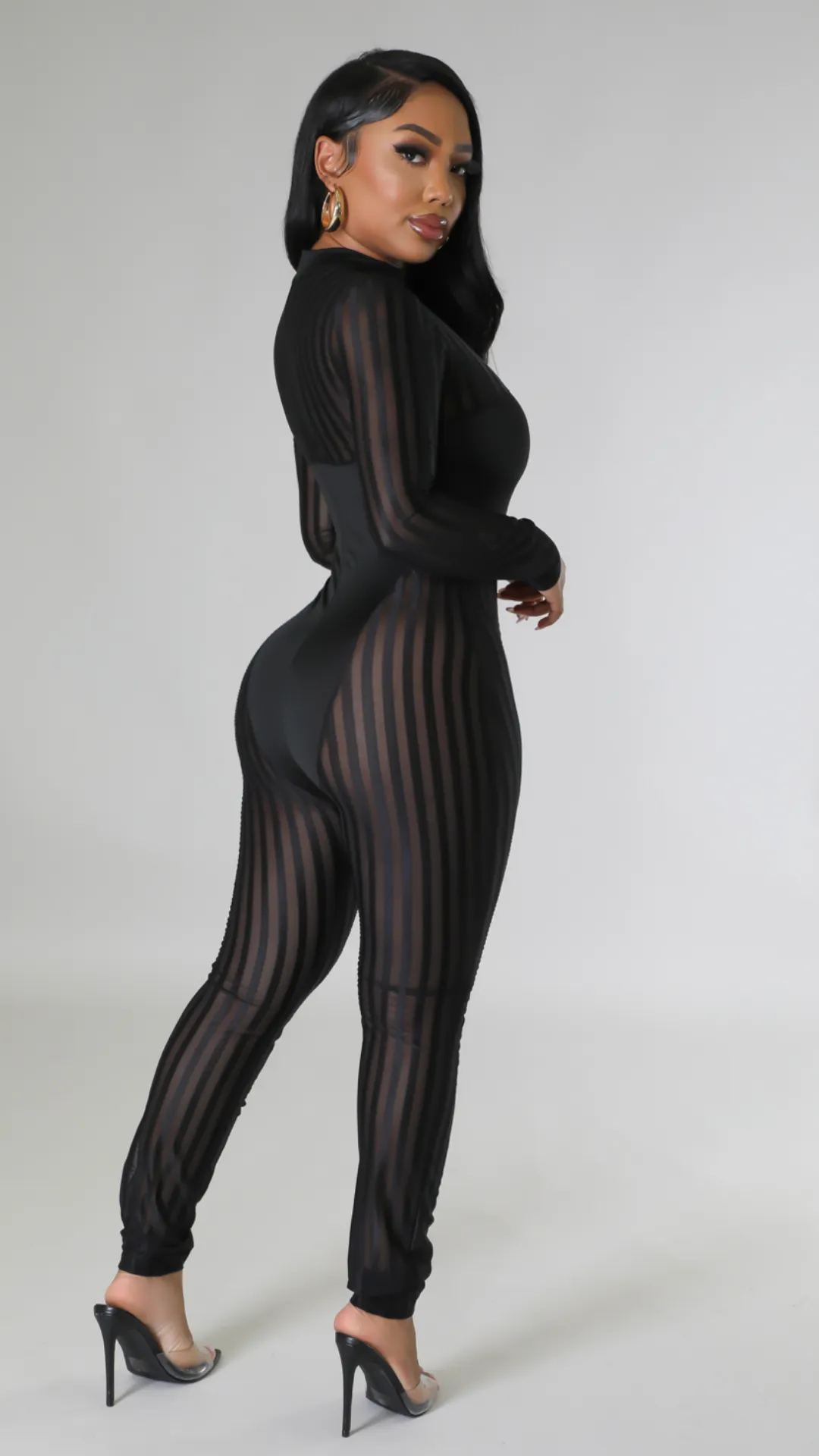 Danica Black sheer stripped jumpsuit