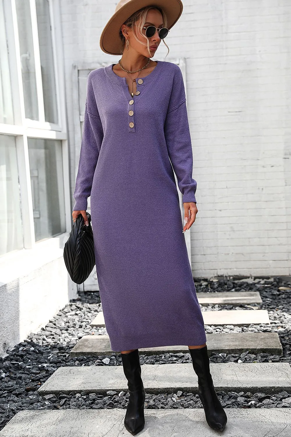 Decorative Button Notched Dropped Shoulder Long Sweater Dress