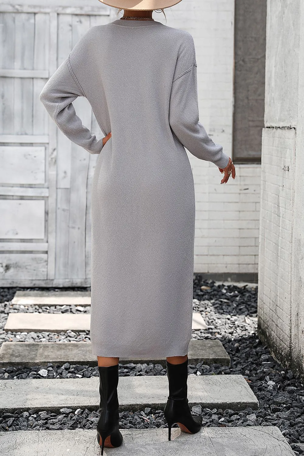 Decorative Button Notched Dropped Shoulder Long Sweater Dress