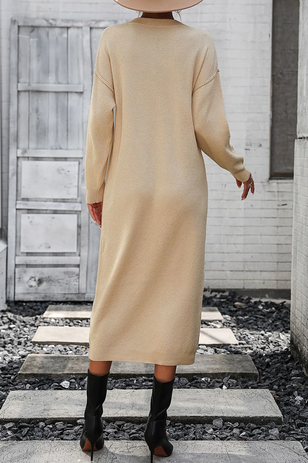 Decorative Button Notched Dropped Shoulder Long Sweater Dress