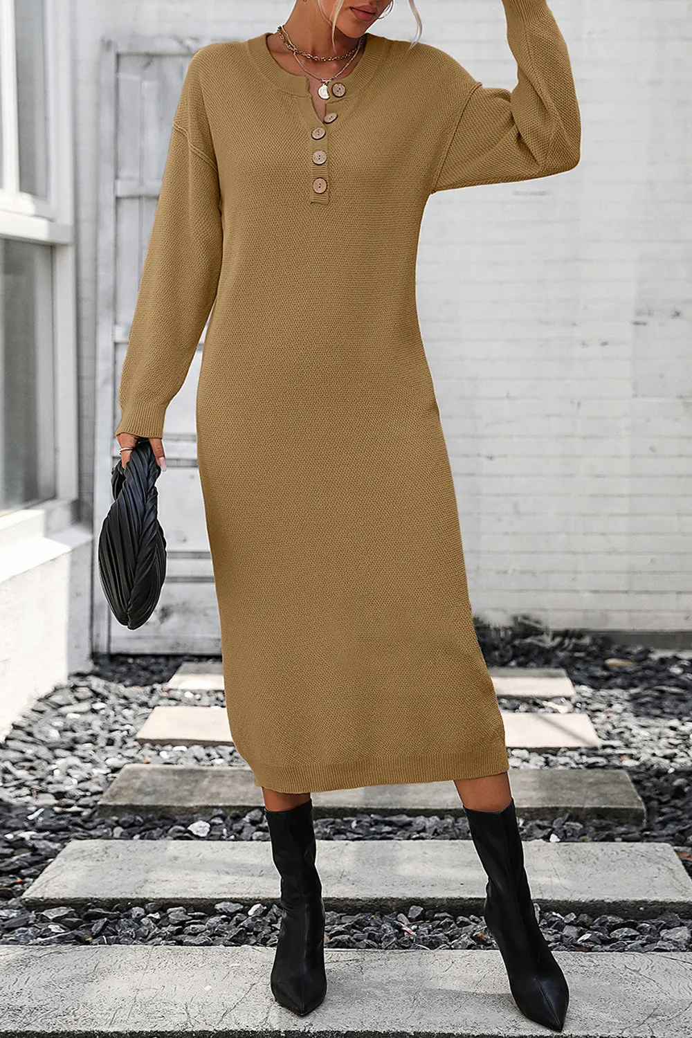 Decorative Button Notched Dropped Shoulder Long Sweater Dress