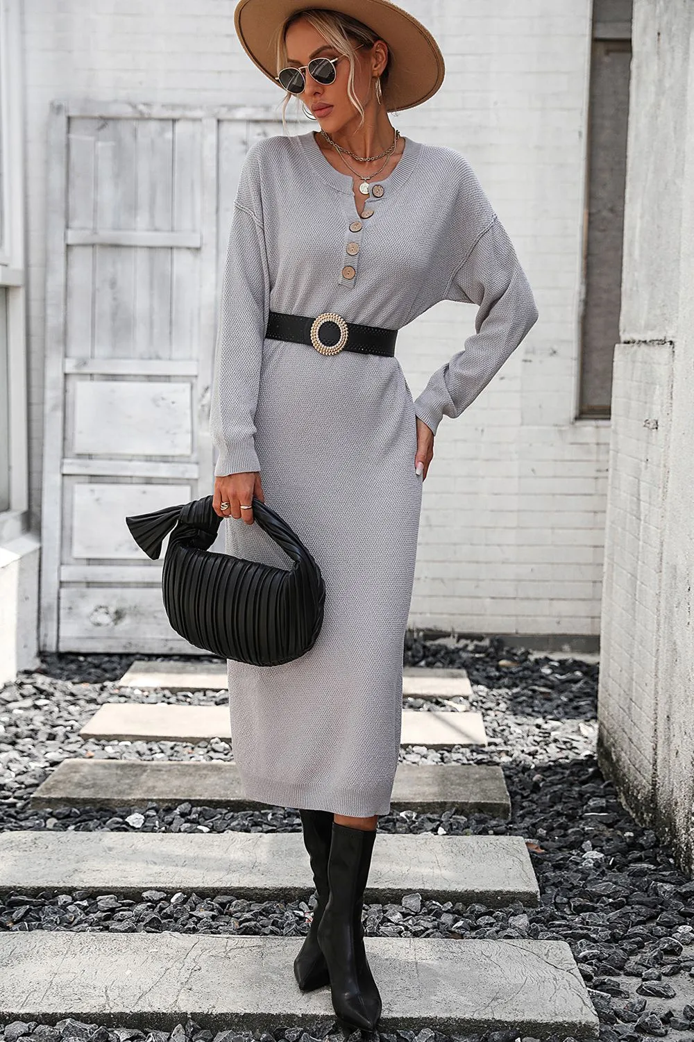 Decorative Button Notched Dropped Shoulder Long Sweater Dress