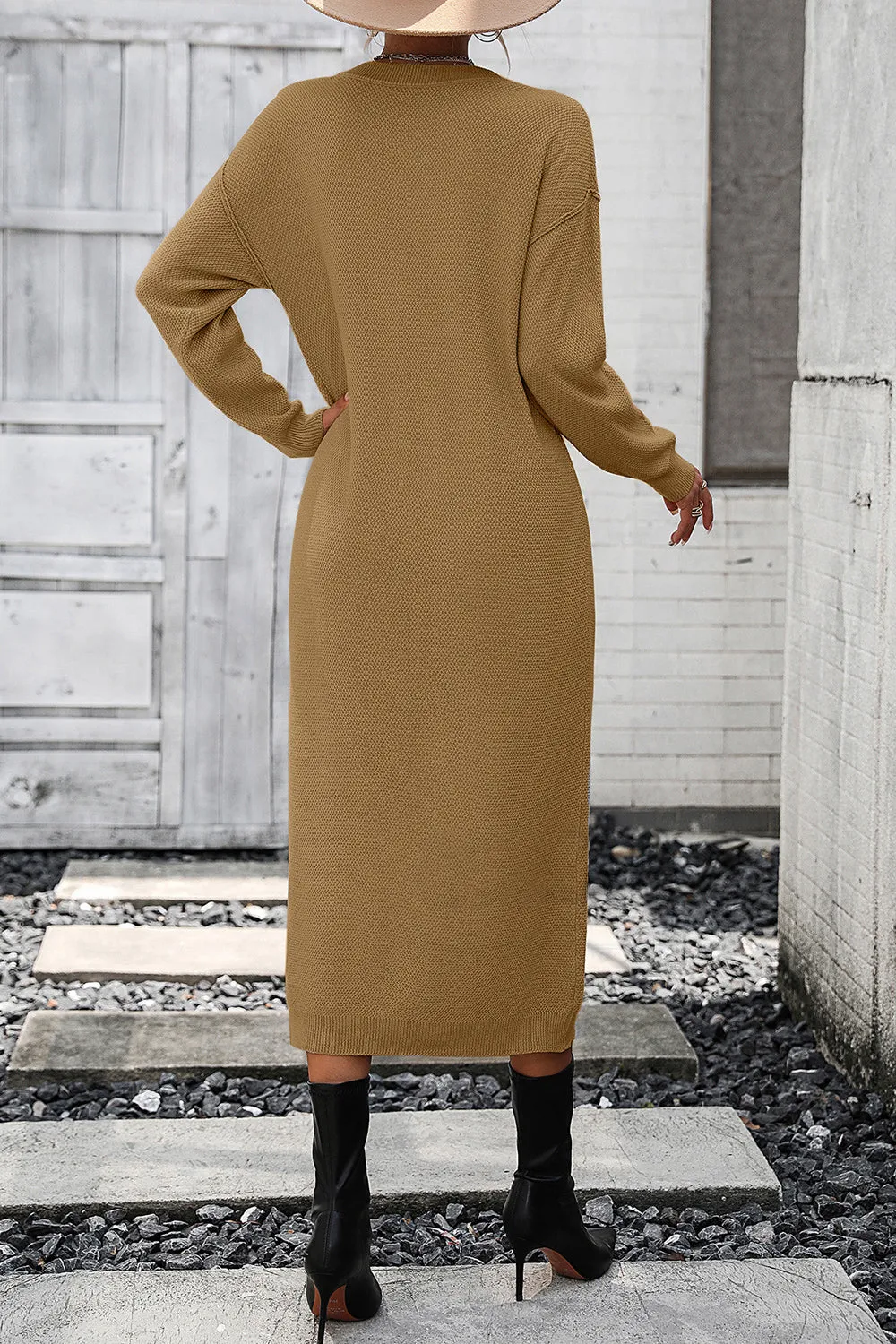 Decorative Button Notched Dropped Shoulder Long Sweater Dress