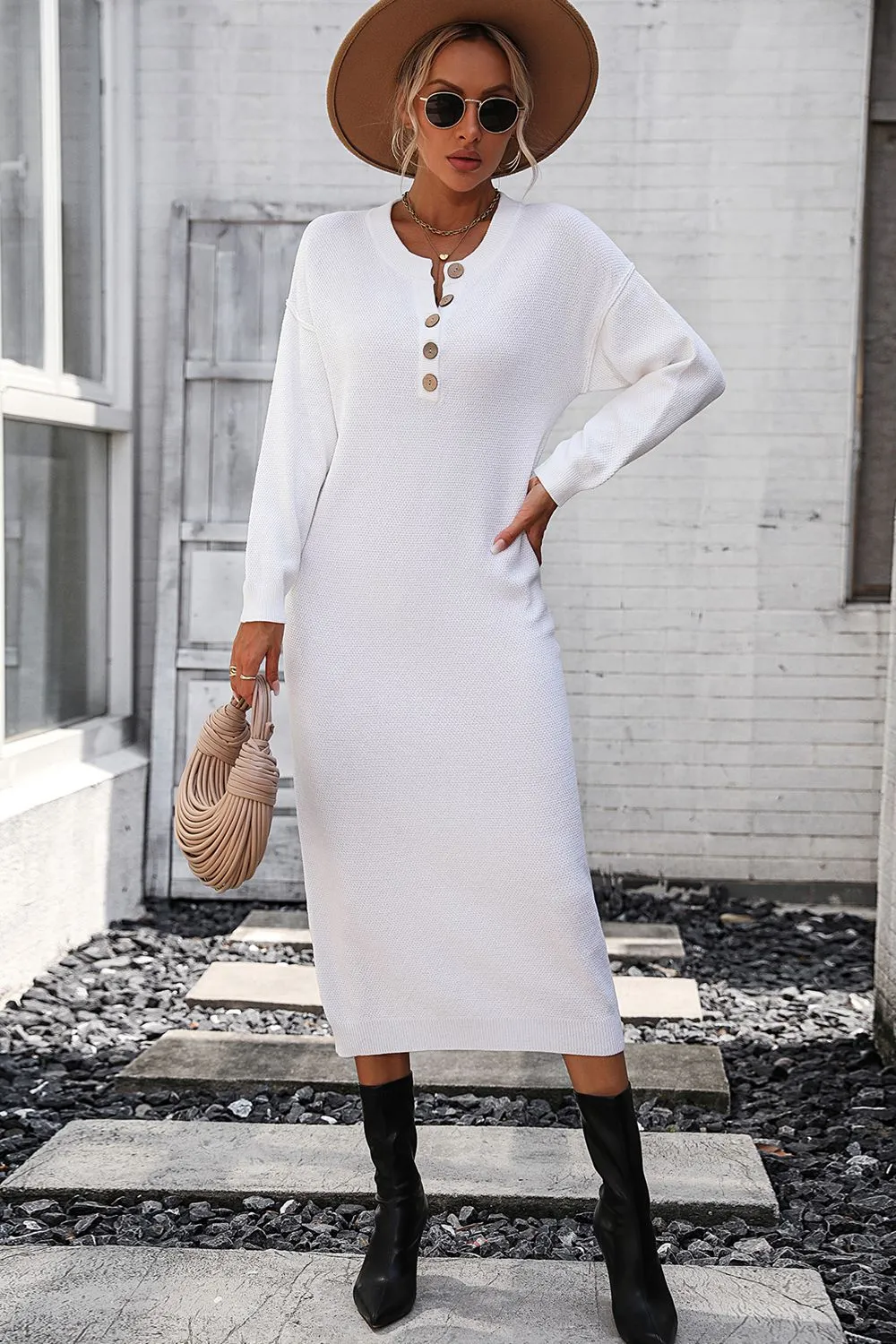 Decorative Button Notched Dropped Shoulder Long Sweater Dress