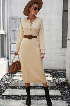 Decorative Button Notched Dropped Shoulder Long Sweater Dress