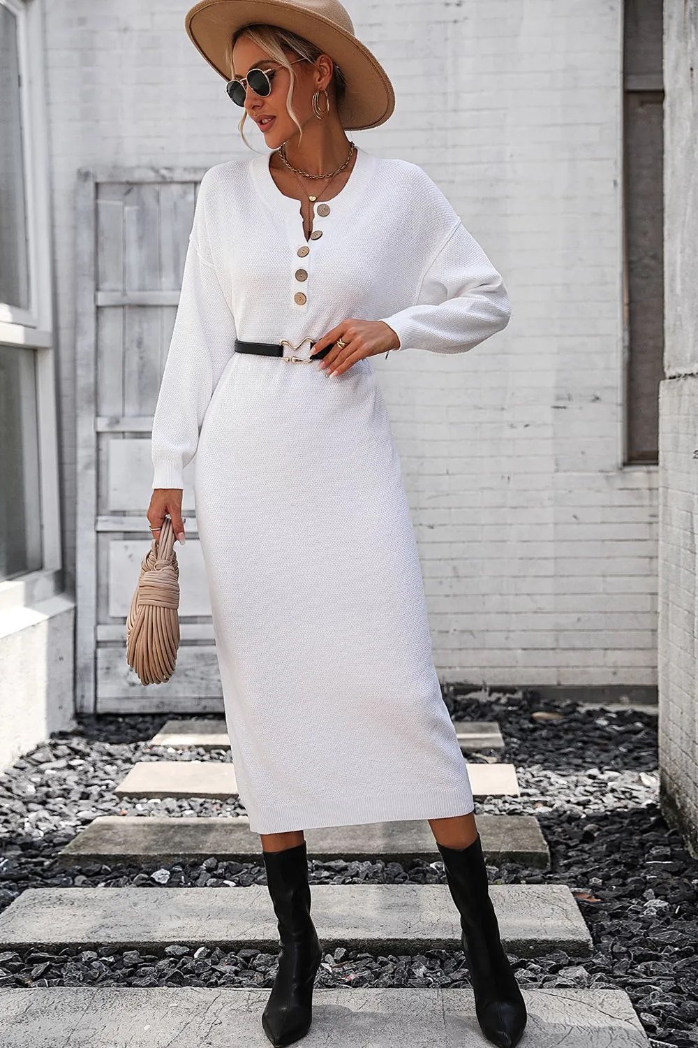 Decorative Button Notched Dropped Shoulder Long Sweater Dress