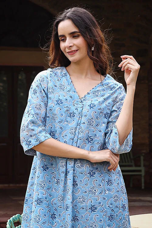 Dharan "Swril Tunic" Blue Block Printed Tunic