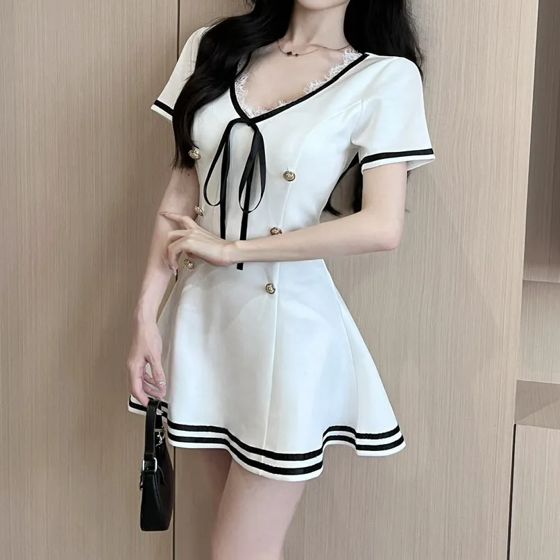 Double-Breasted Strappy Uniform Short-Sleeved Dress