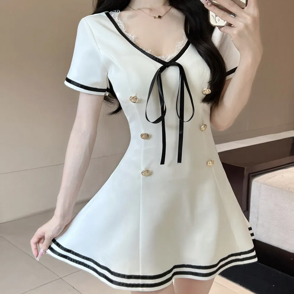 Double-Breasted Strappy Uniform Short-Sleeved Dress