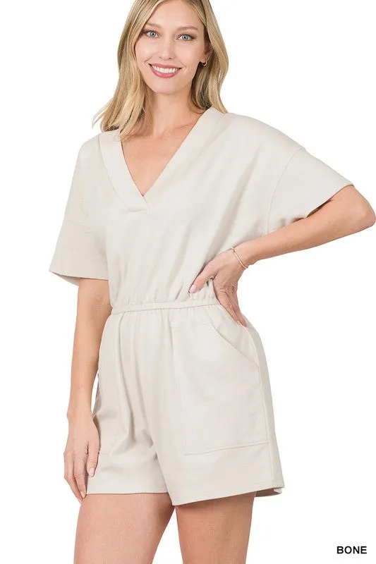 Drop Shoulder V-Neck Romper with Pockets