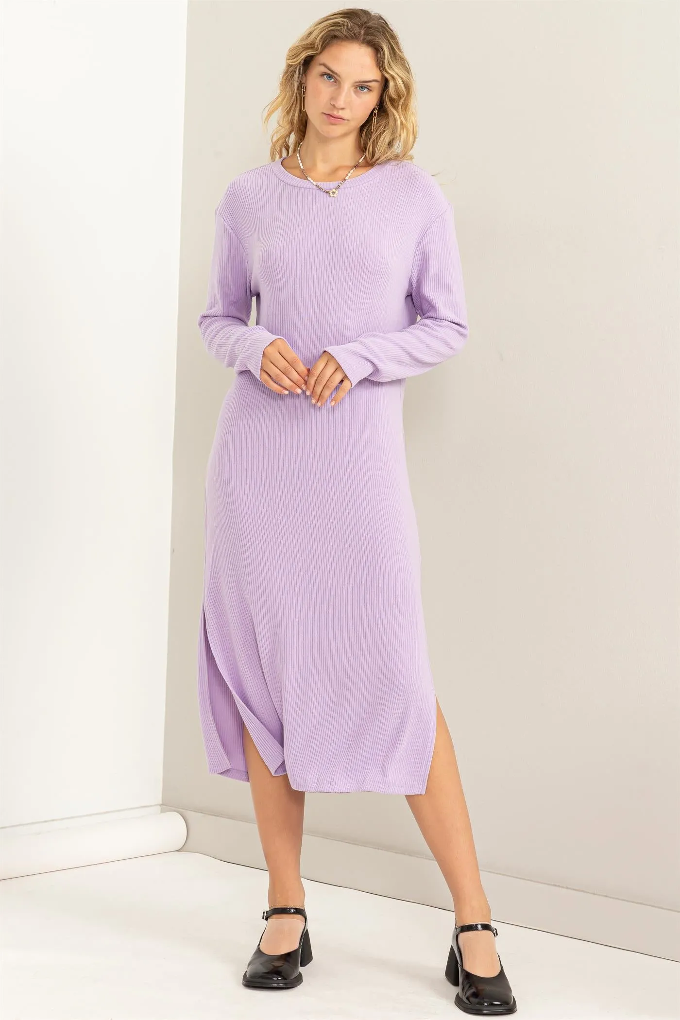 DZ24A062-Ribbed Long Sleeve Midi Dress