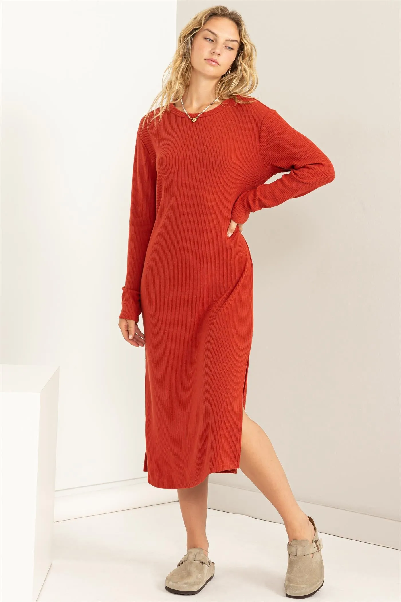 DZ24A062-Ribbed Long Sleeve Midi Dress