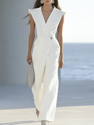 Elegant And Noble White Suit Sleeveless Long Pants jumpsuit