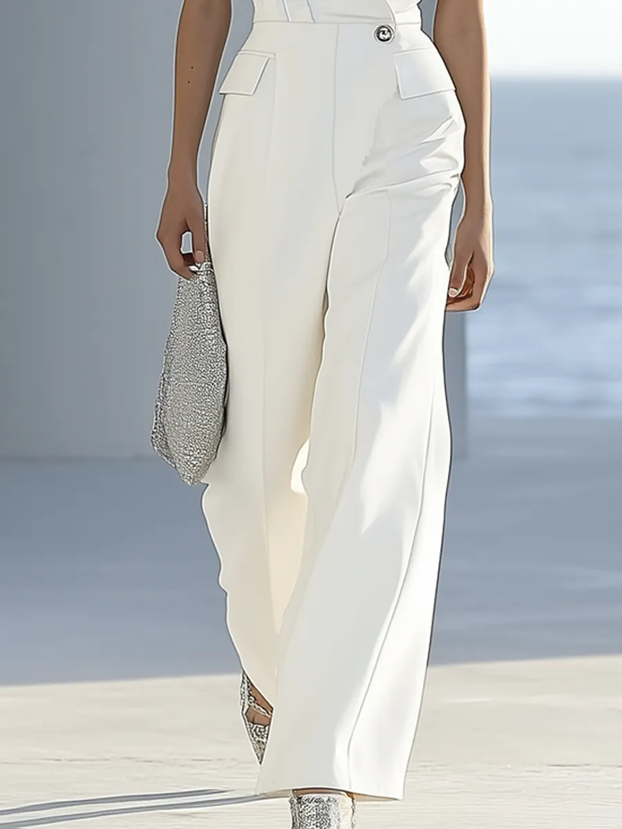 Elegant And Noble White Suit Sleeveless Long Pants jumpsuit