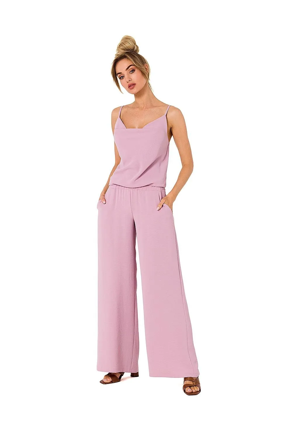 Elegant Draped Neck Jumpsuit with Comfortable Elastic Waist