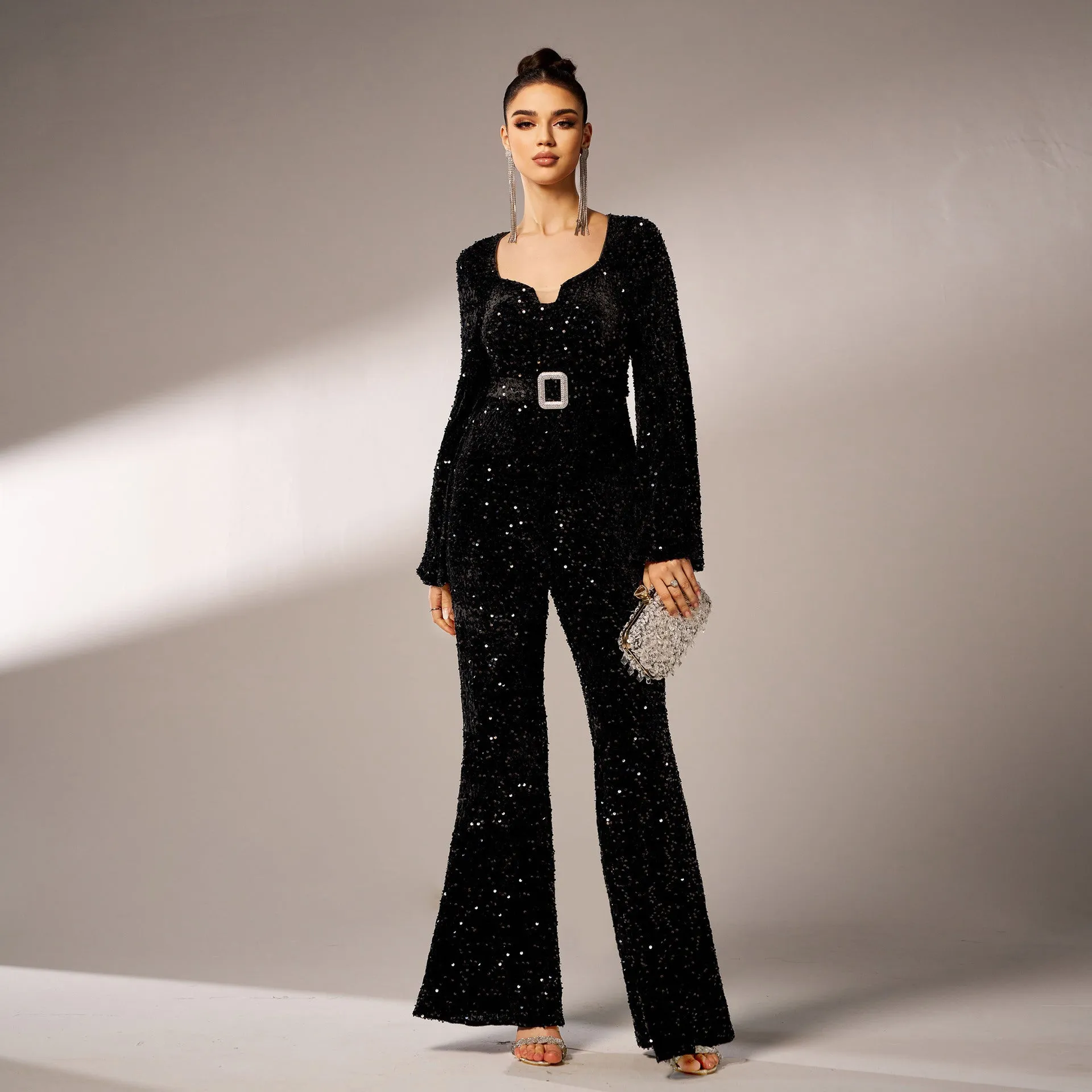 Elegant Long Sleeve Sequined Jumpsuit, lioness-love