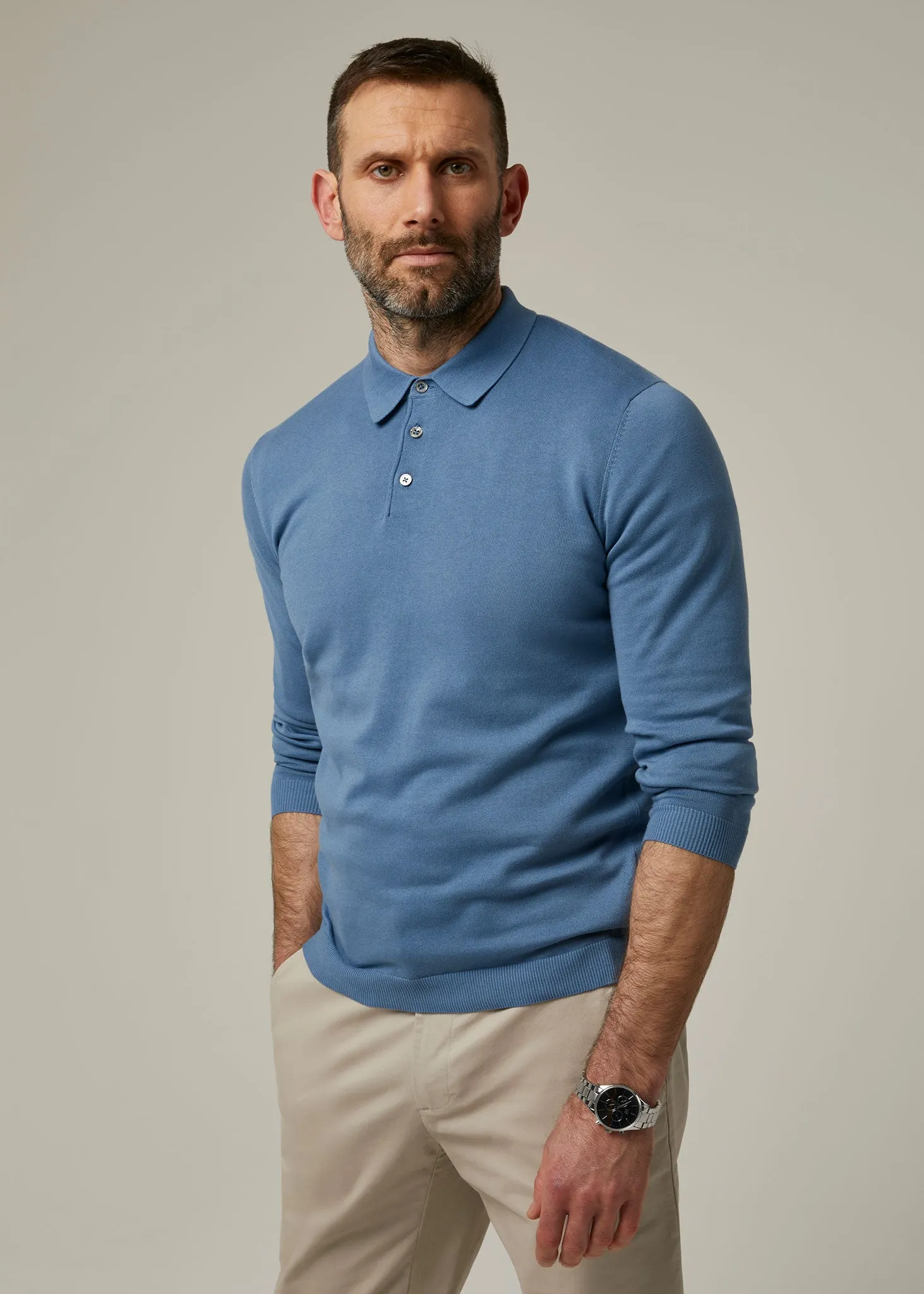 Emsworth Cotton Long Sleeve Polo Shirt in Airforce