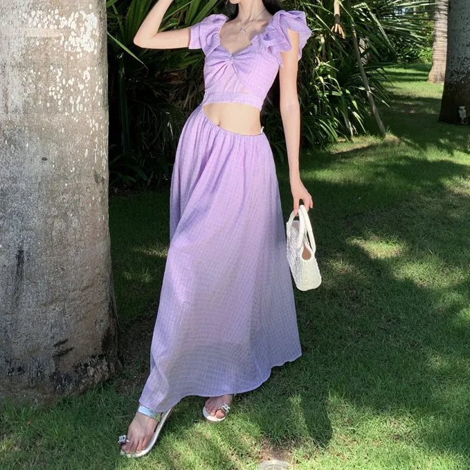 Exposed Waist V-Neck Seaside Holiday Purple Dress