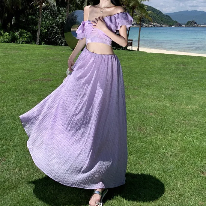 Exposed Waist V-Neck Seaside Holiday Purple Dress