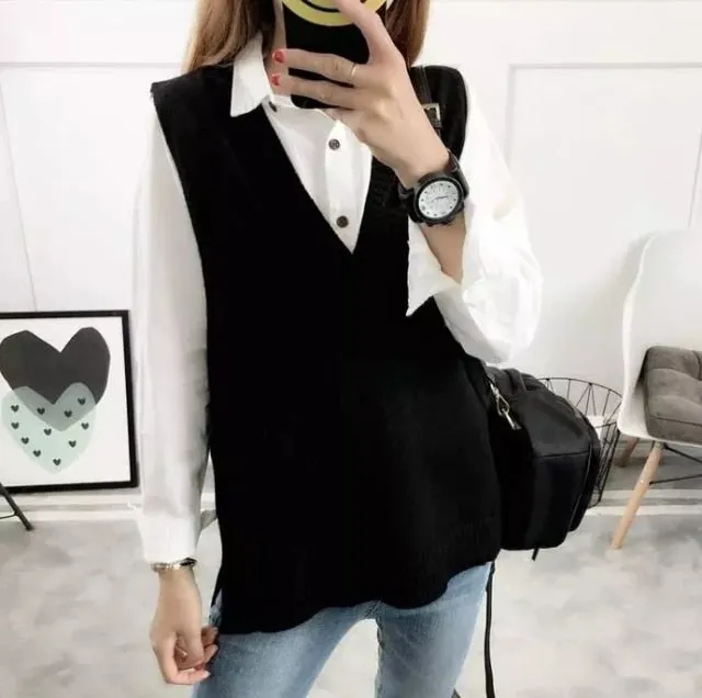 Fashion Women Knitted Vest Pullovers V Neck Sleeveless Houndstooth Knitted Jumper Pullovers Korean Loose Plaid Sweater Vest