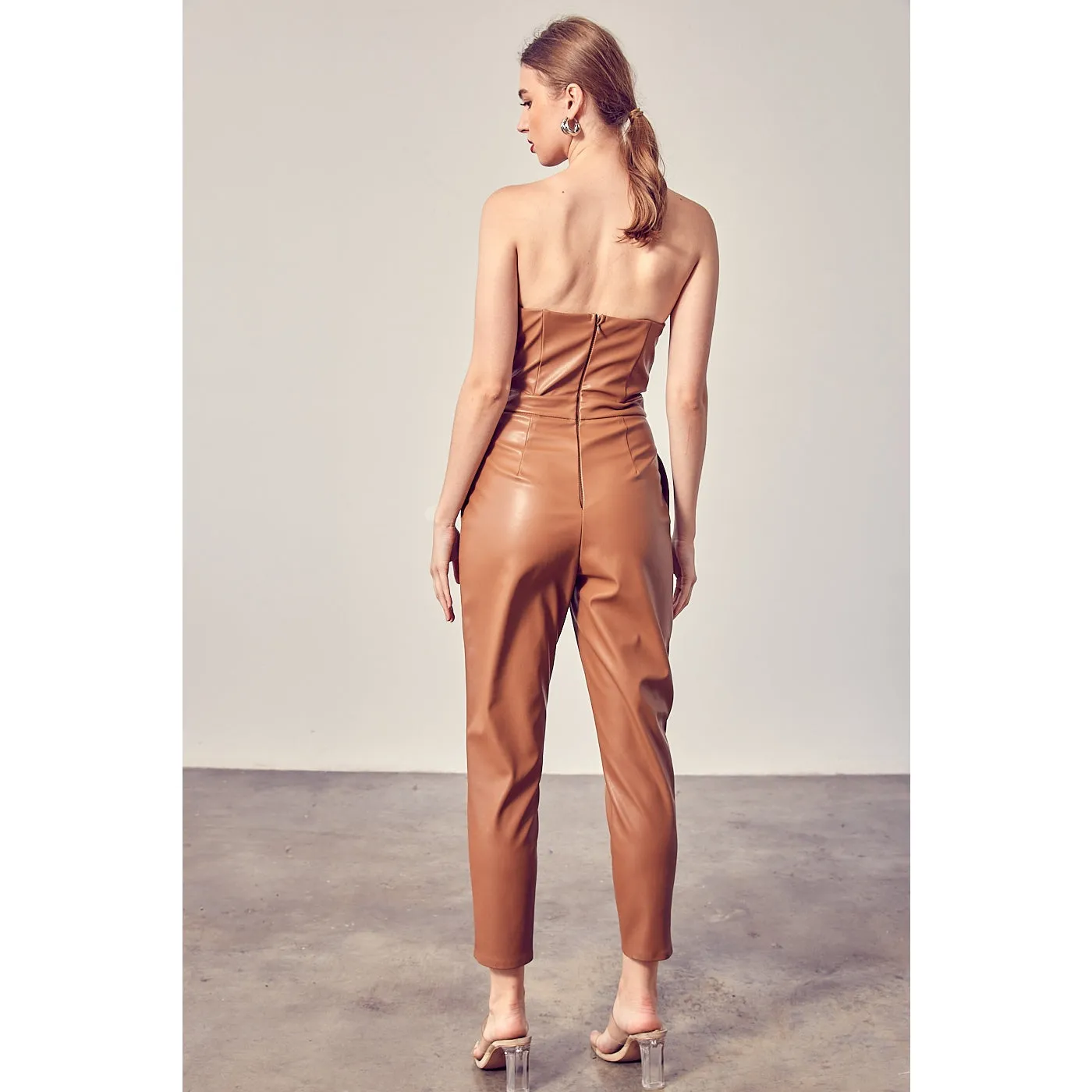 Faux Leather Strapless Jumpsuit In Mocha