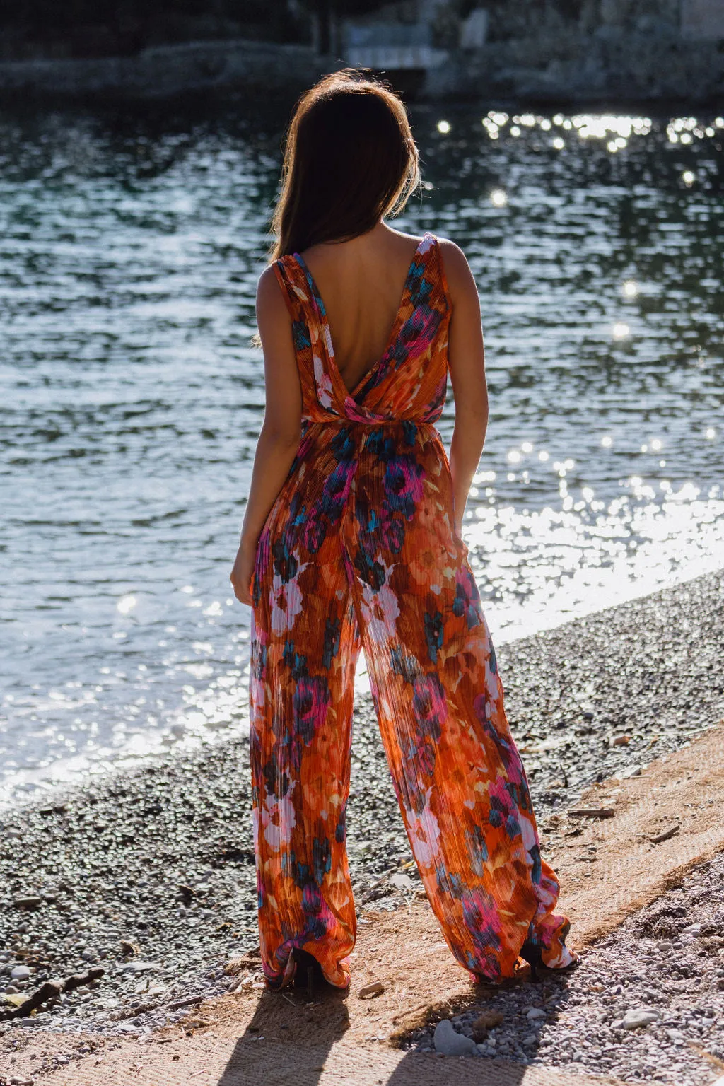 Fleur Orange Floral Plisse Jumpsuit