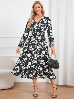 Floral Surplice Ruffle Hem Dress