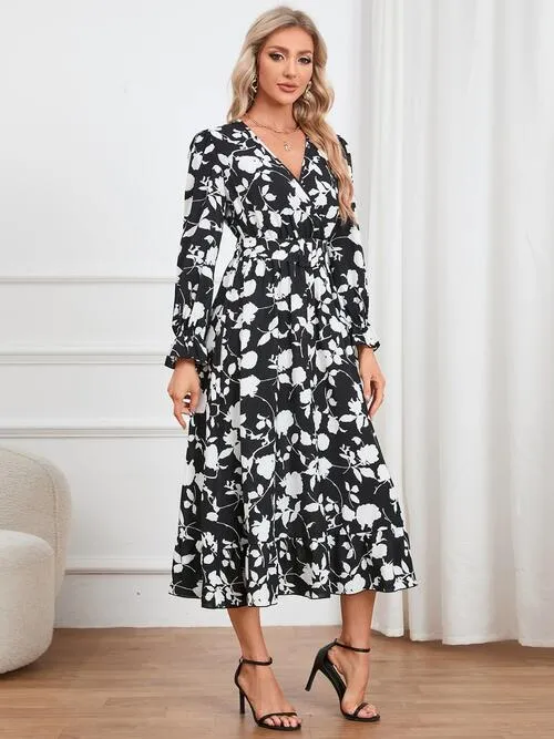 Floral Surplice Ruffle Hem Dress