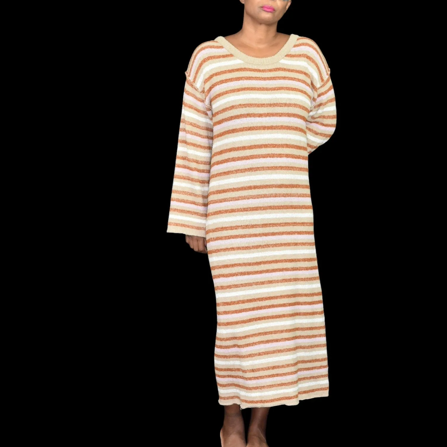 Free People Toes In The Sand Dress Tan Side Slit Midi Oversized FP Beach Nubby Sweater Knit Size XS