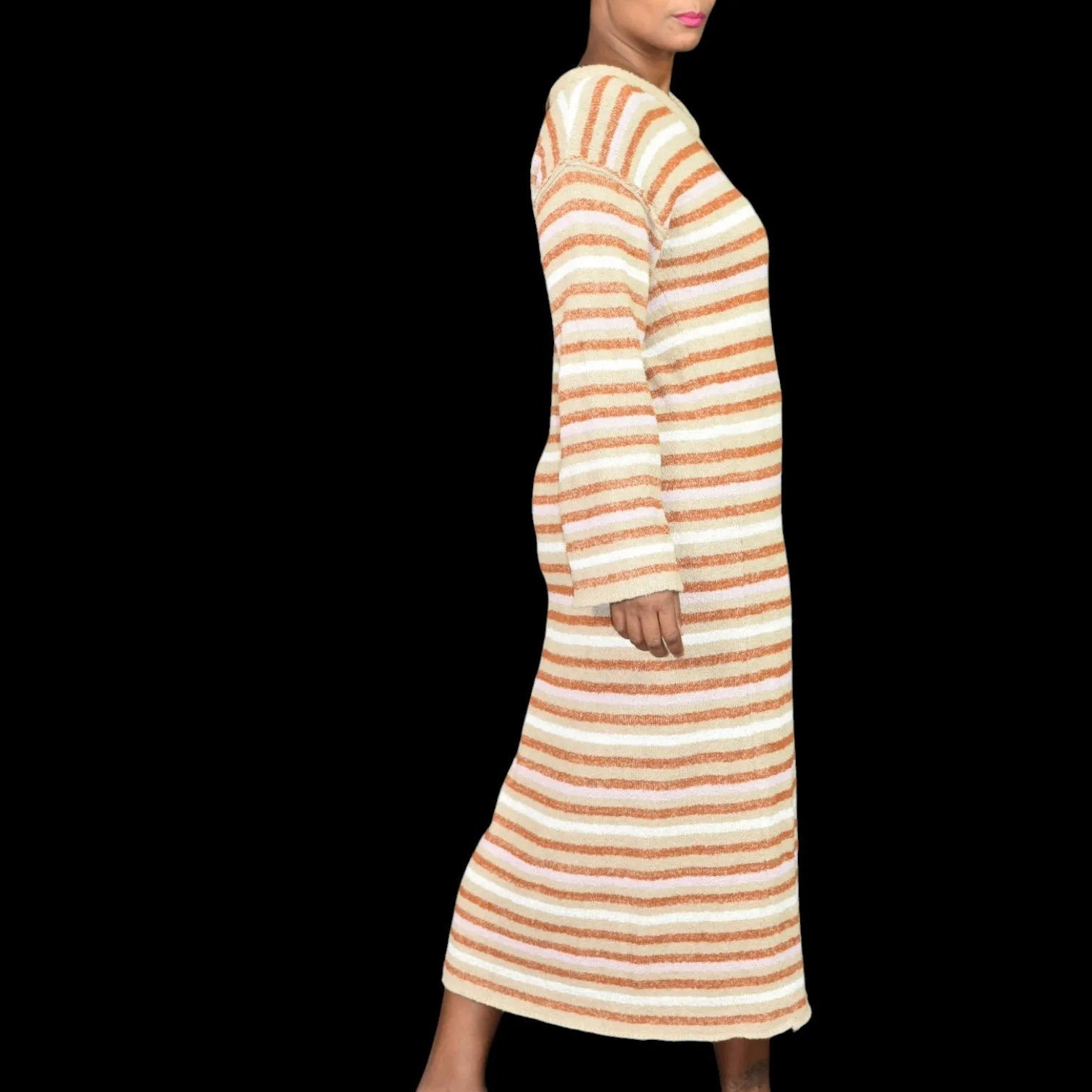 Free People Toes In The Sand Dress Tan Side Slit Midi Oversized FP Beach Nubby Sweater Knit Size XS