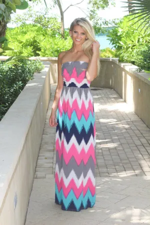 Fuchsia And Teal Chevron Maxi Dress