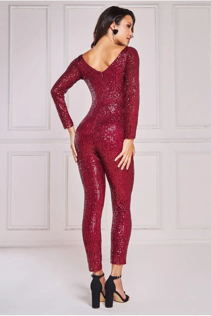 Goddiva Stripe Sequin Jumpsuit - Wine