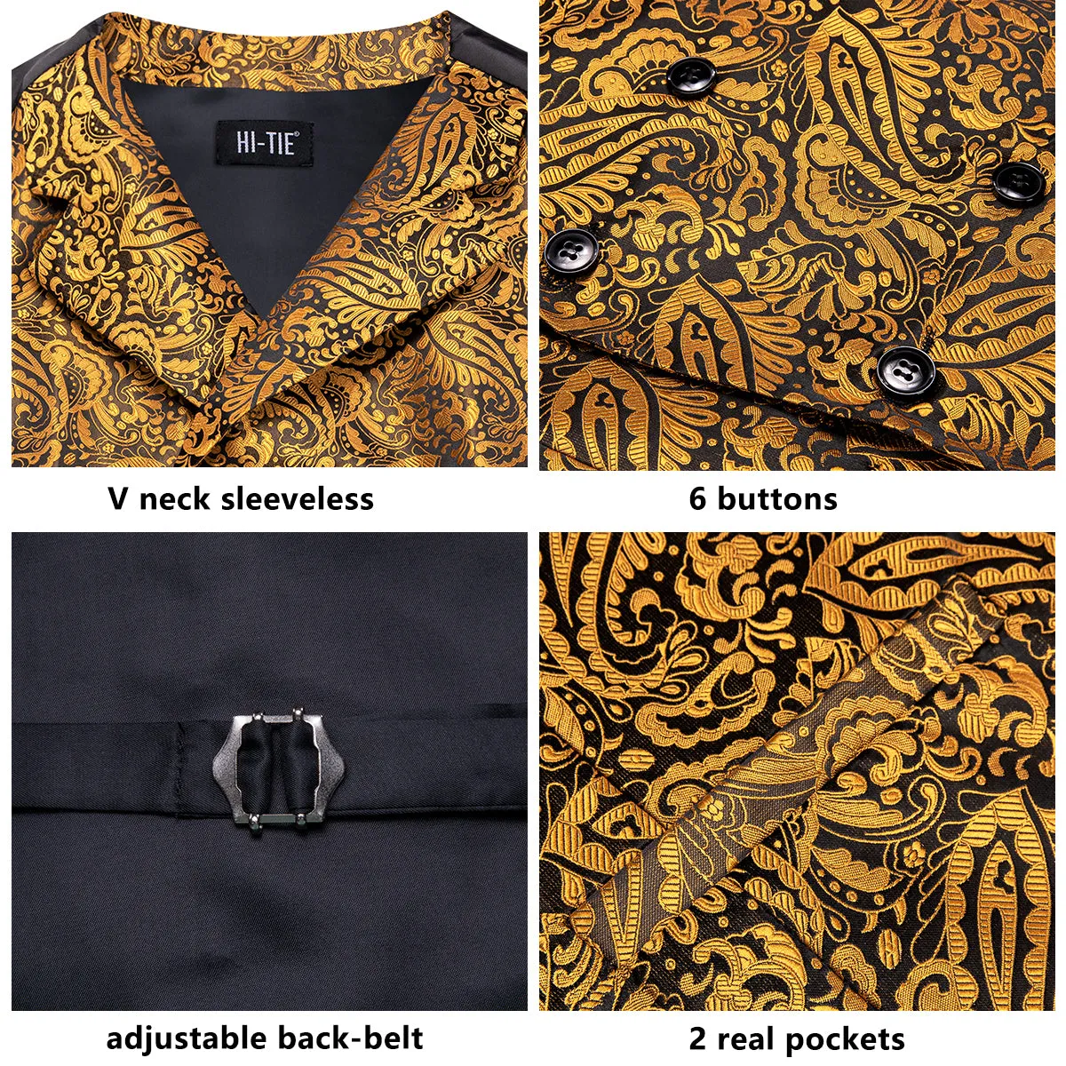 Gold Paisley Men's Collar Vest Hanky Cufflinks Tie Set