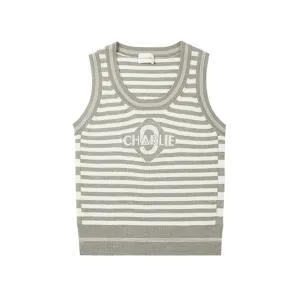 Gray and White Striped Jacquard Knitted Tank Top