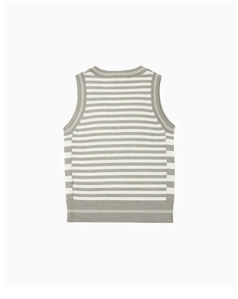 Gray and White Striped Jacquard Knitted Tank Top