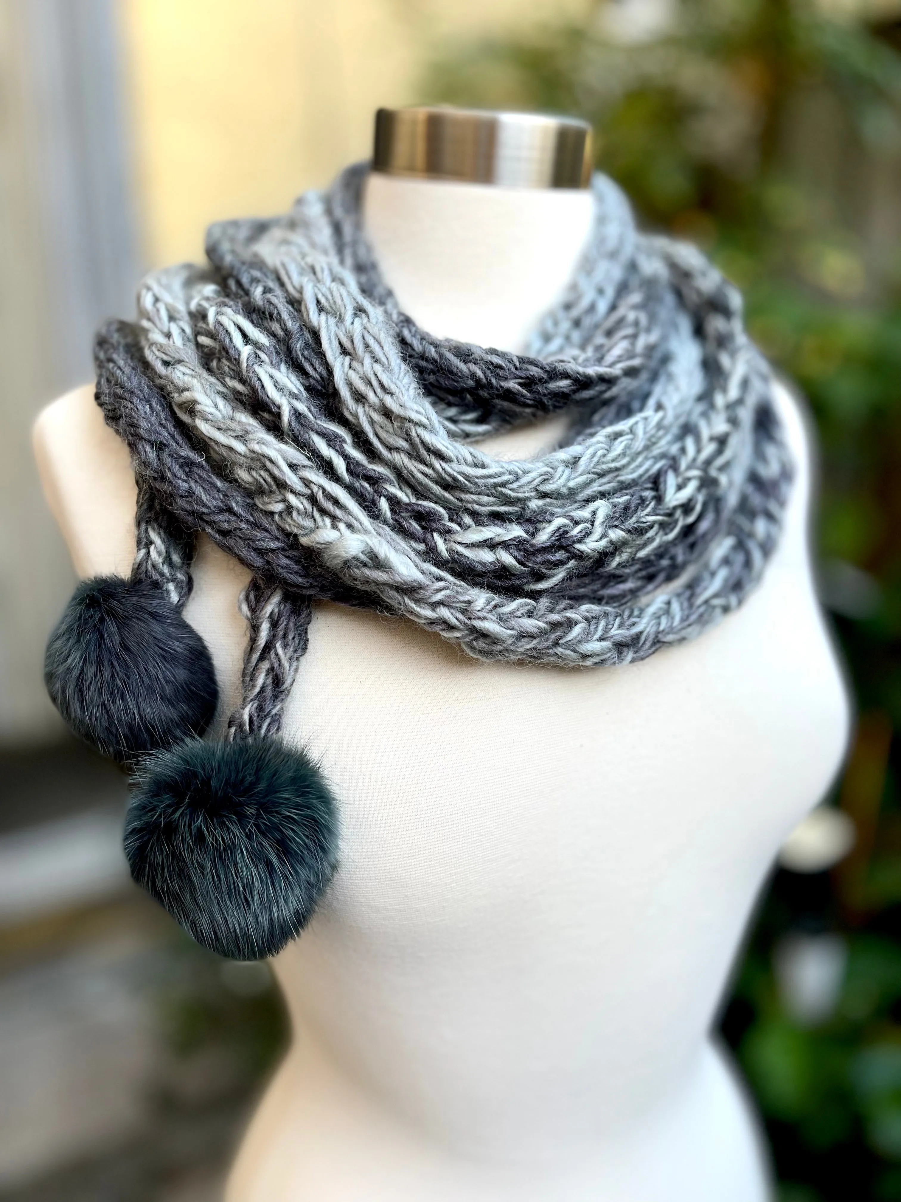 Gray Handmade Knitted Lariat Scarf with Mittens , Knit Handmade Scarf with Pom-Pom