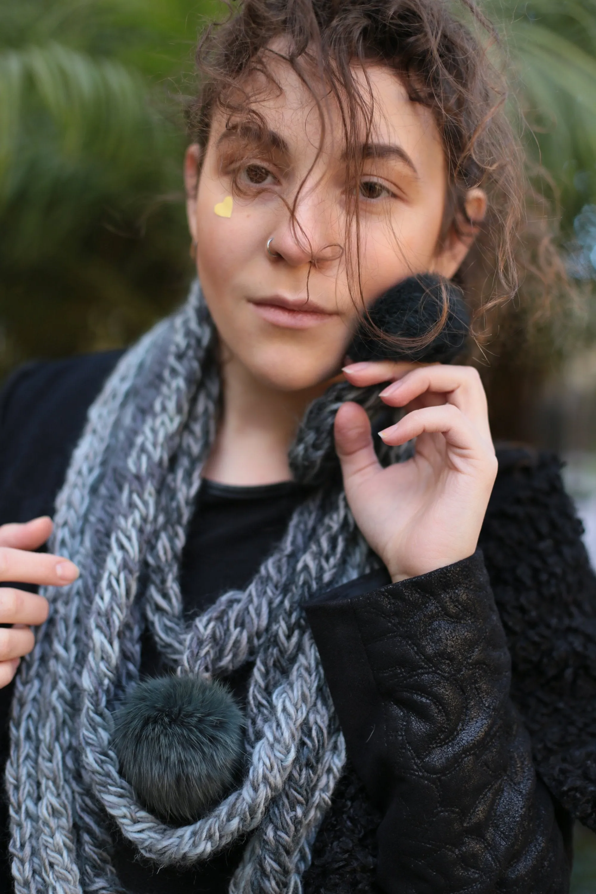 Gray Handmade Knitted Lariat Scarf with Mittens , Knit Handmade Scarf with Pom-Pom