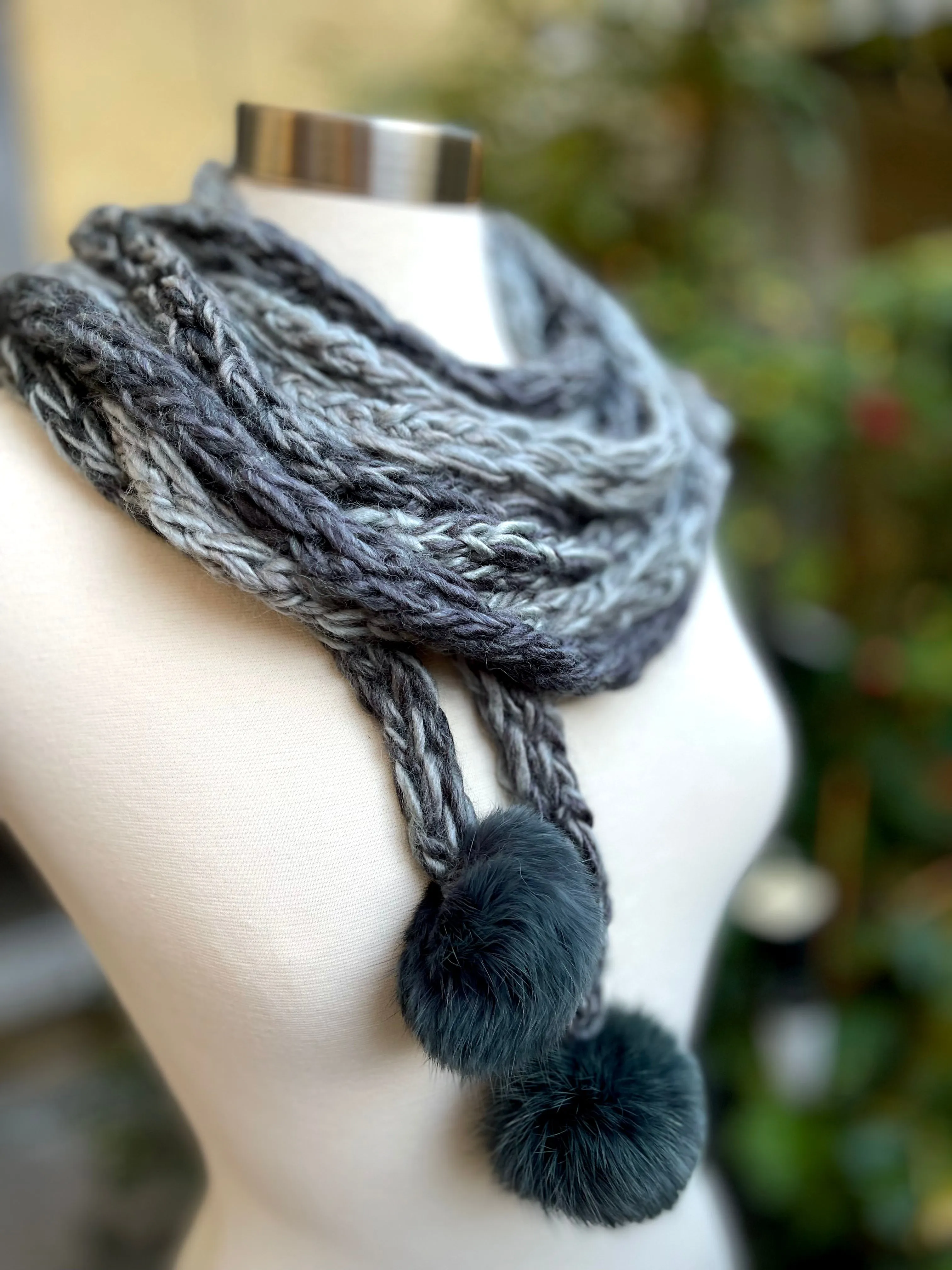 Gray Handmade Knitted Lariat Scarf with Mittens , Knit Handmade Scarf with Pom-Pom