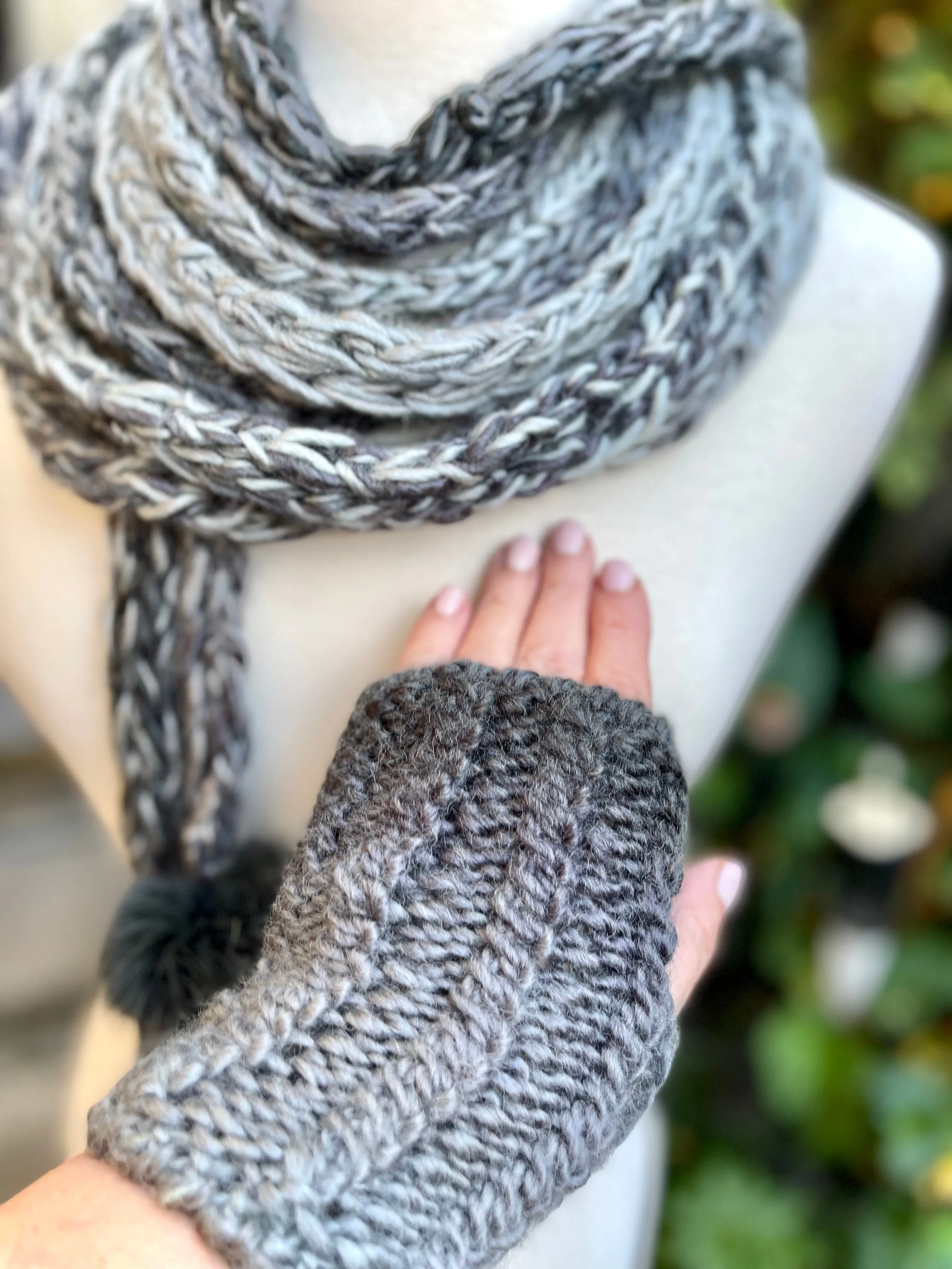 Gray Handmade Knitted Lariat Scarf with Mittens , Knit Handmade Scarf with Pom-Pom