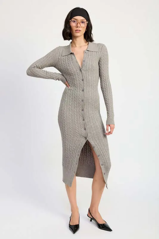 Grey Button Up Long Sleeve Cable Knit Midi Sweater Dress